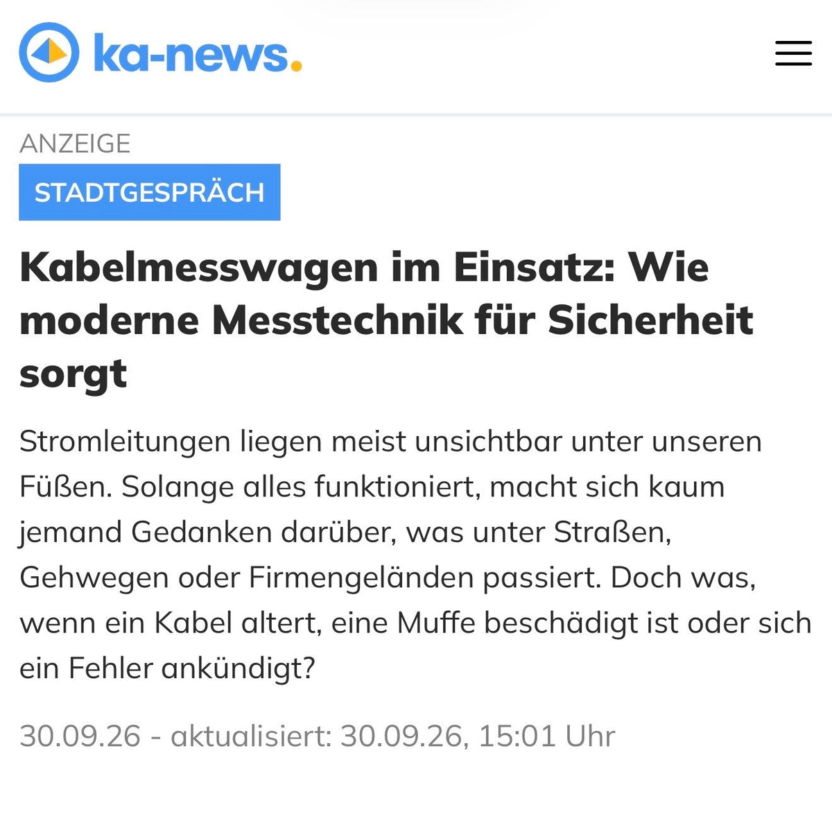 Kabelmesswagen im Einsatz: ka-news.de berichtet über die Messtechnik von EnergieTechnik Becker aus Karlsruhe