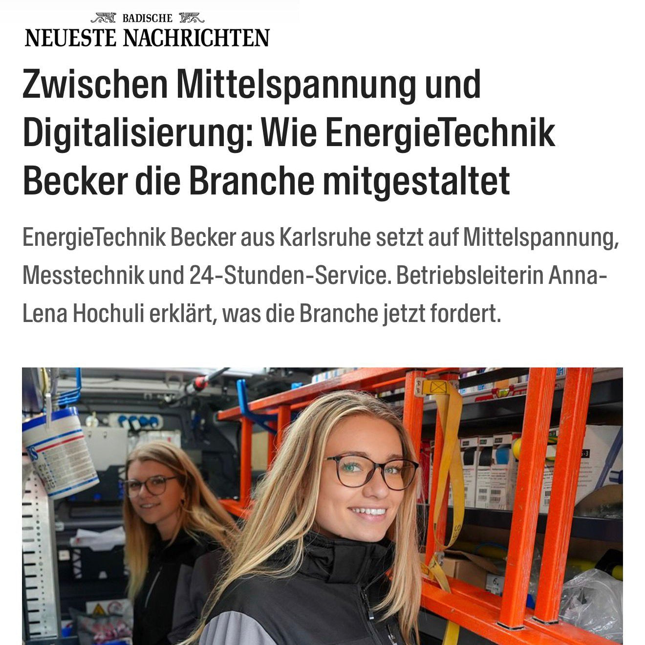 EnergieTechnik Becker in der BNN: Aufmerksamkeit für ein wachsendes Unternehmen aus Karlsruhe!