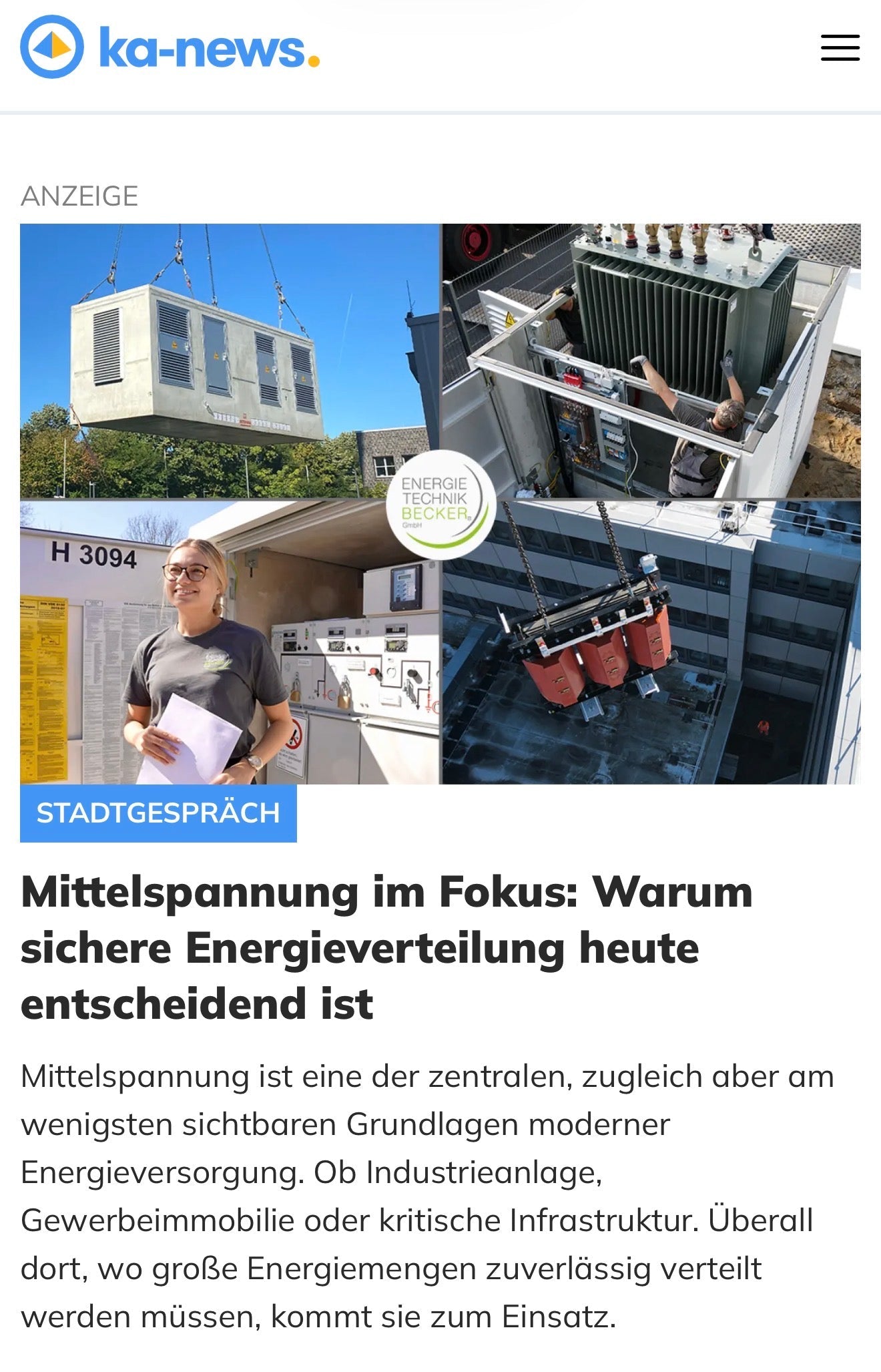 KA-News berichtet über EnergieTechnik Becker und die Zukunft sicherer Mittelspannung