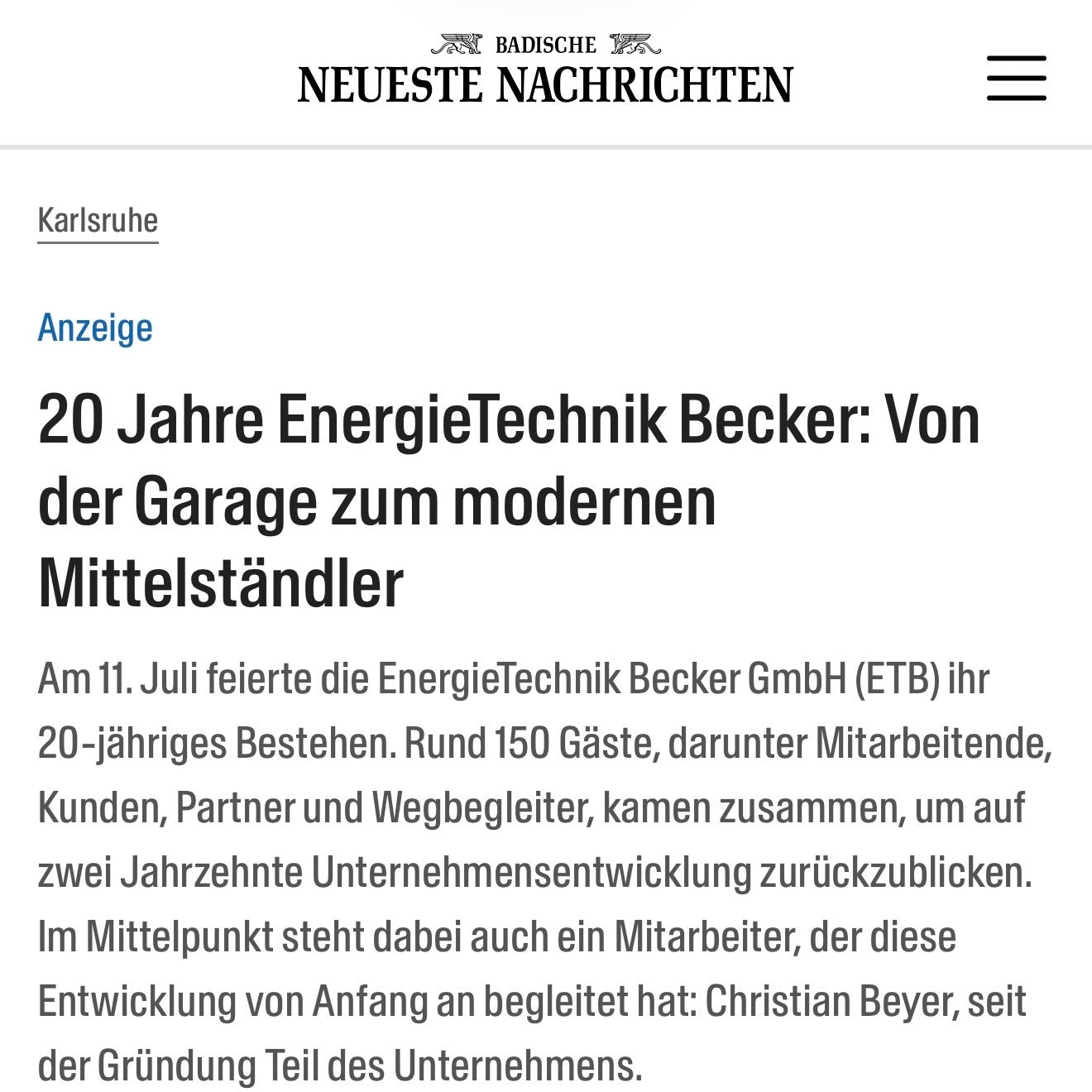 EnergieTechnik Becker in der BNN: 20 Jahre vom Start-up zum modernen Mittelständler
